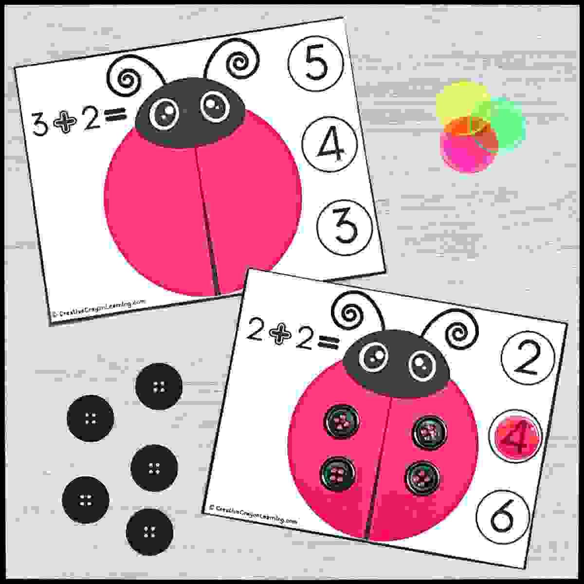 Ladybug-themed spring math activity for practicing addition with visual supports
