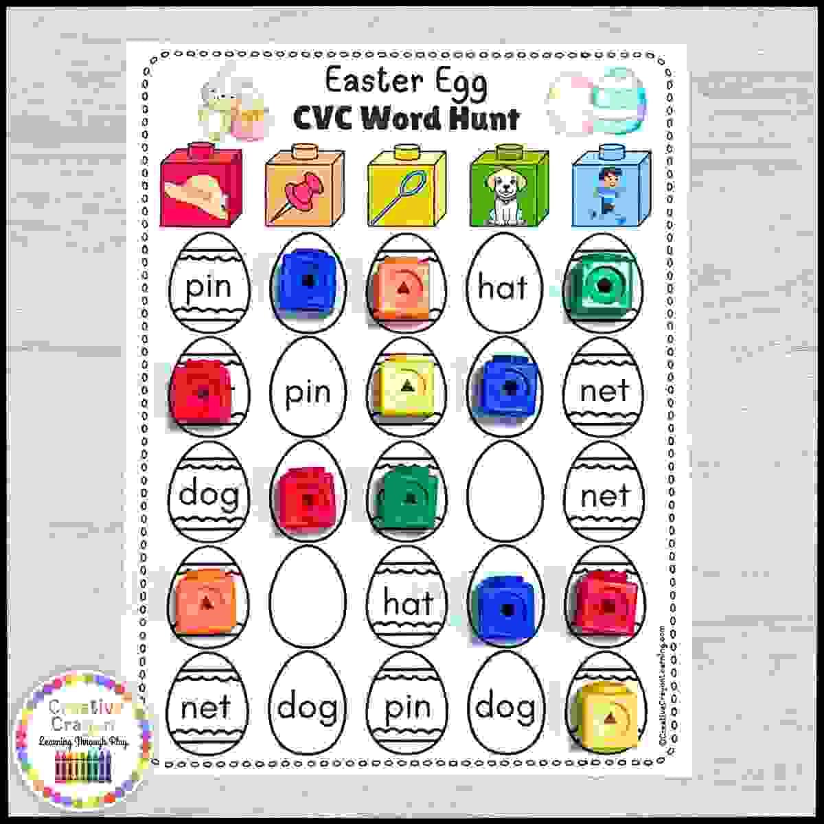 Kindergarten phonics activity with Easter egg CVC word grids and picture clues for hands-on spring decoding practice