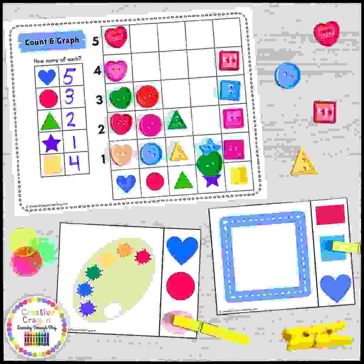 Shape tracing, matching, and graphing math center for kindergarten featuring school-themed shapes and buttons.