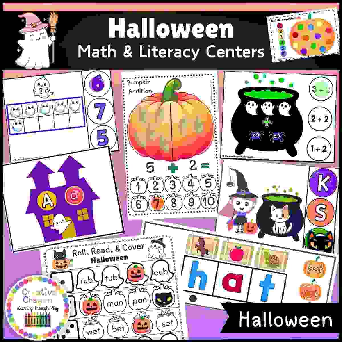 Halloween math and literacy center bundle for kindergarten featuring 15 hands-on fall-themed activities.