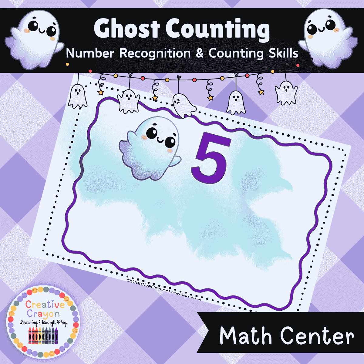  Free Halloween ghost counting math center for kindergarten with number cards and cotton ball counting activity.