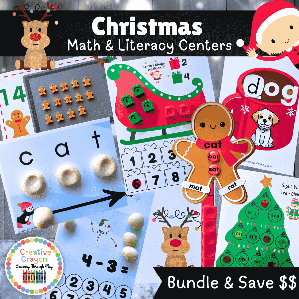 Christmas Math and Literacy Centers Bundle for Kindergarten with 13 hands-on holiday activities