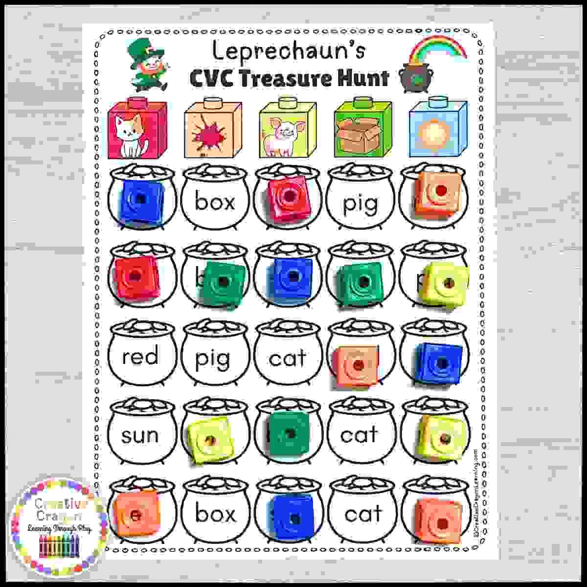 Hands-on kindergarten CVC word treasure hunt with leprechaun pots and picture clues for phonics decoding.