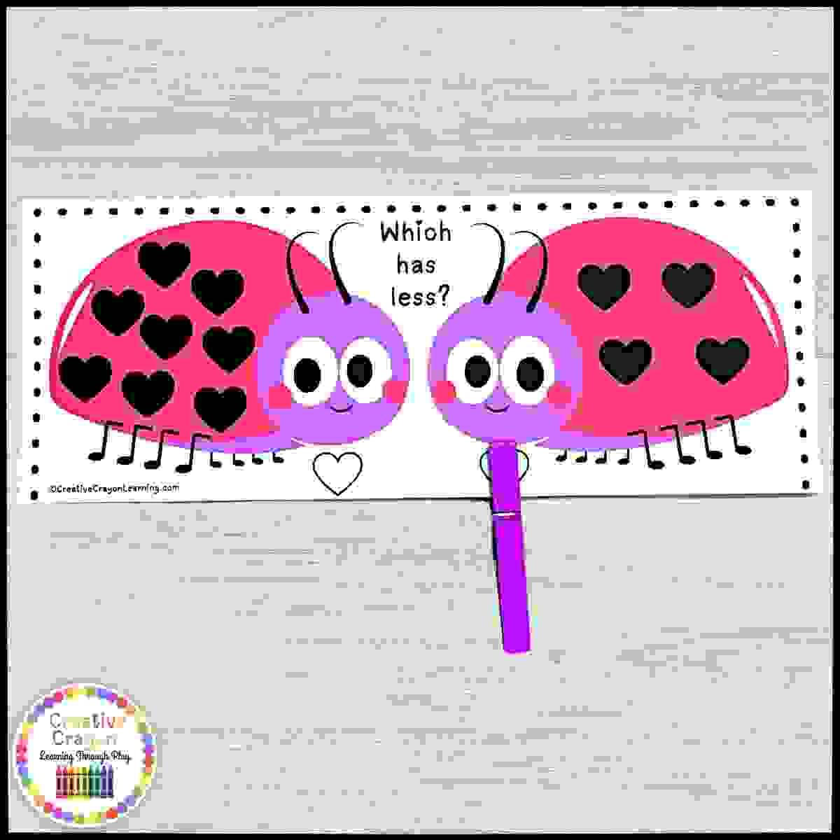 Kindergarten Valentine math center comparing numbers with love bug clip cards for more or less practice.
