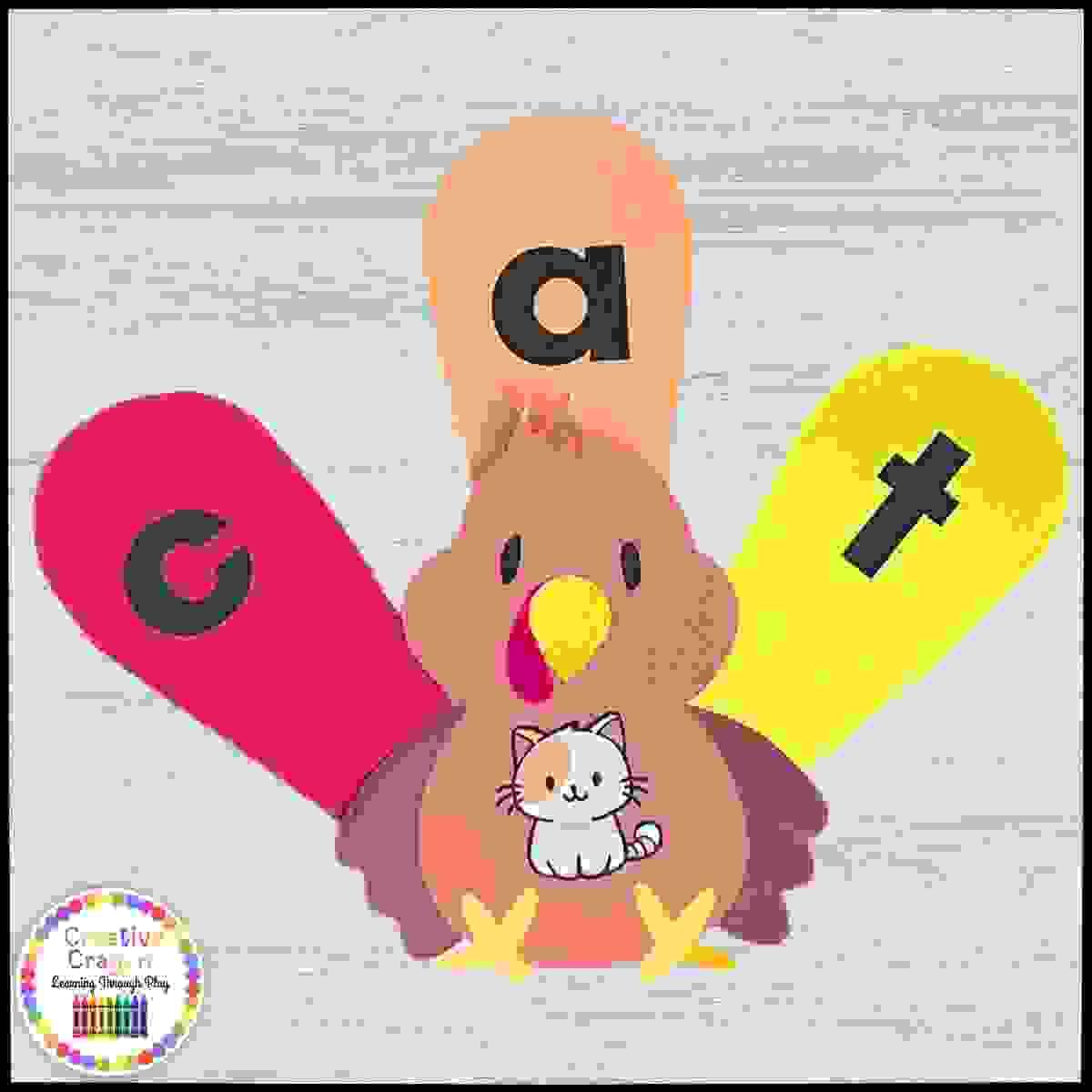 Spelling turkeys fall literacy center for kindergarten with velcro feather letter cards and CVC word picture prompts.