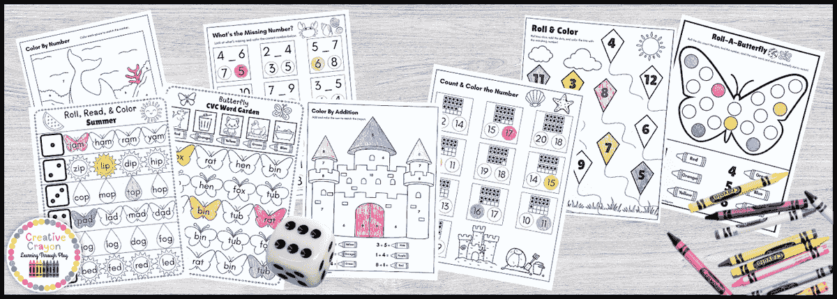 Printable summer take-home packet for kindergarten featuring math and literacy activity pages with dice and crayons for hands-on summer learning practice.