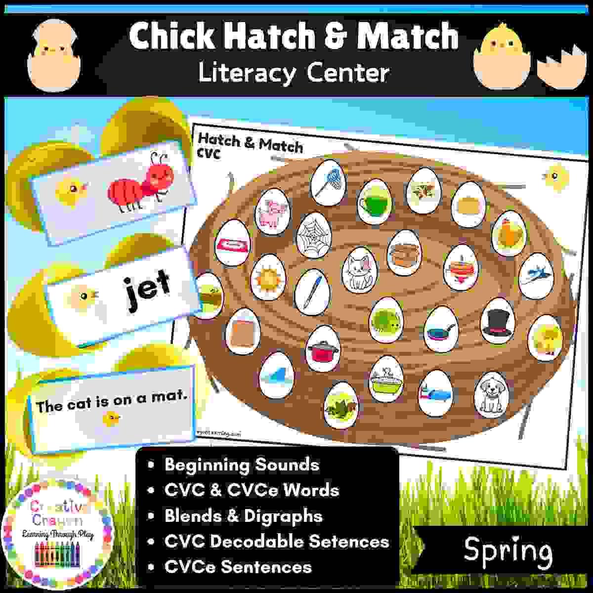 Chick Hatch & Match literacy center cover showing spring-themed phonics activities for PreK, Kindergarten, and 1st grade including CVC words, CVCe sentences, and blends.