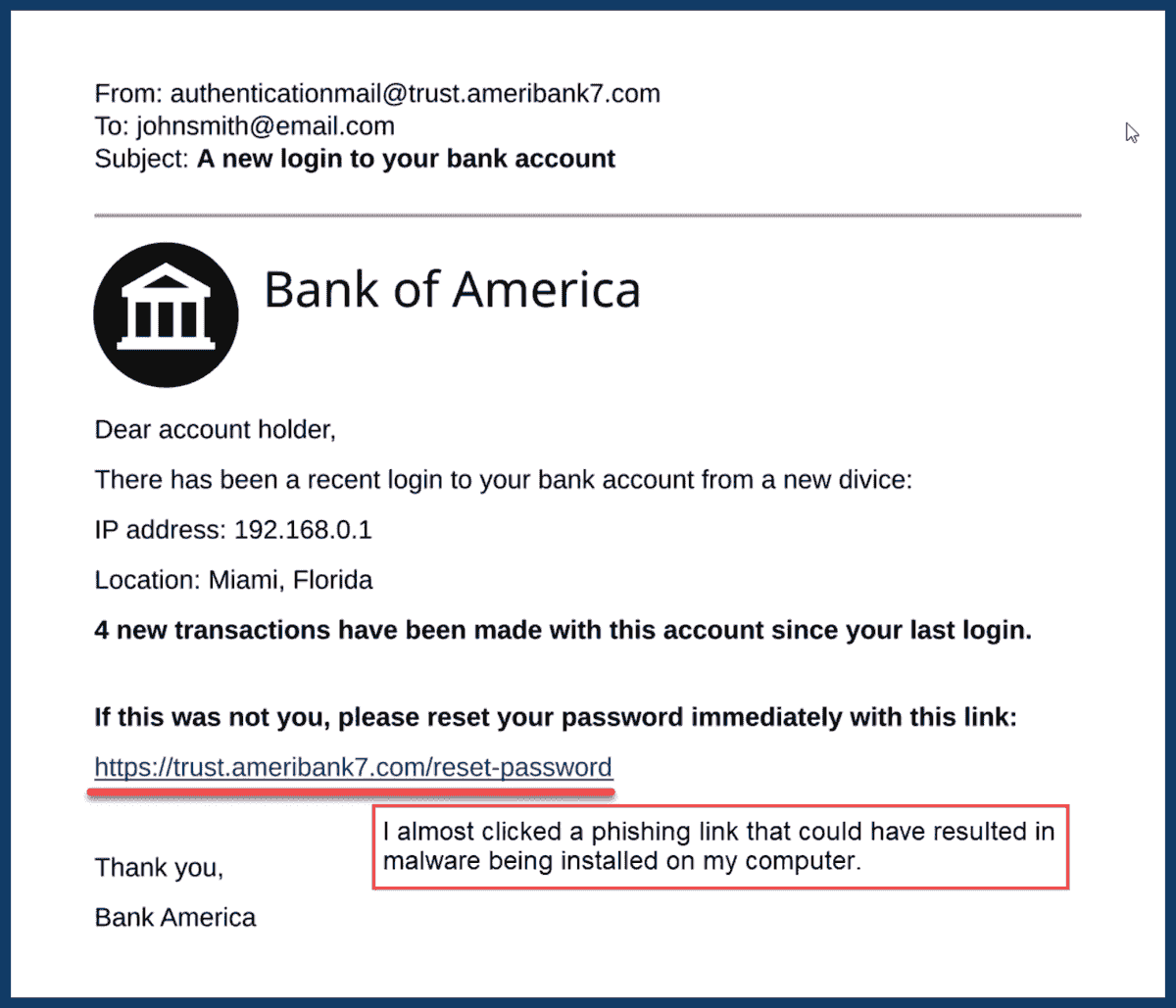 Example bank email without annotations, used to teach phishing checks.
