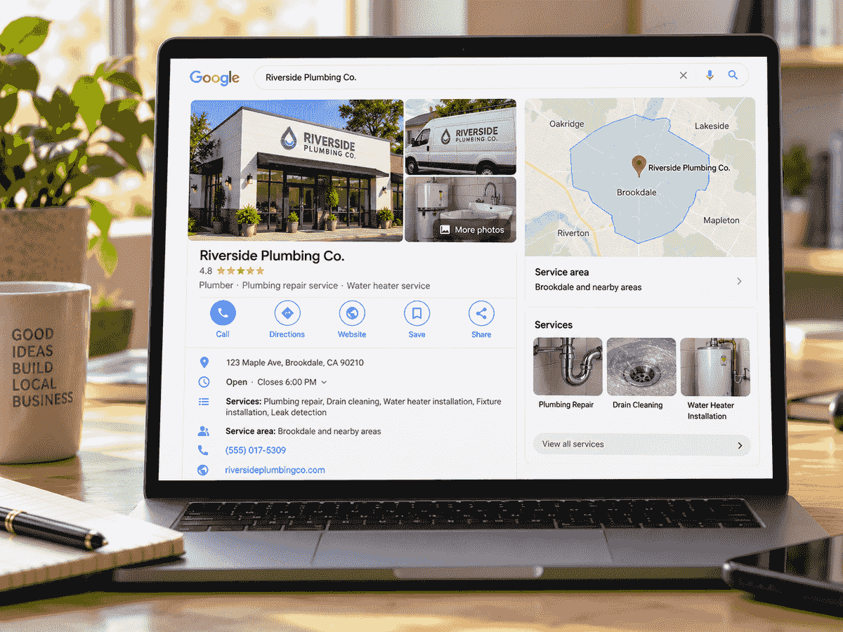 Illustration of a sample Google Business Profile with services, photos and contact details Illustration of a sample Google Business Profile with services, photos and contact details