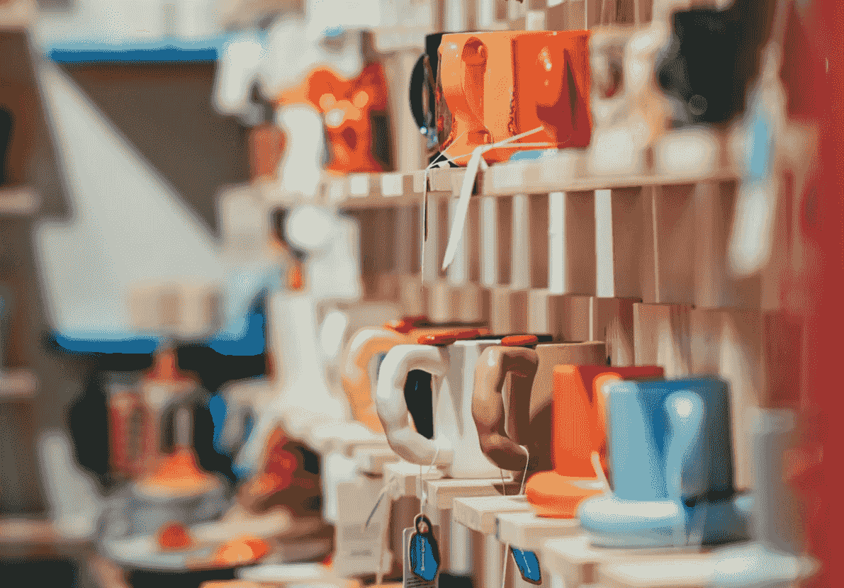 Colorful mugs and cups displayed on shelves Colorful mugs and cups displayed on shelves