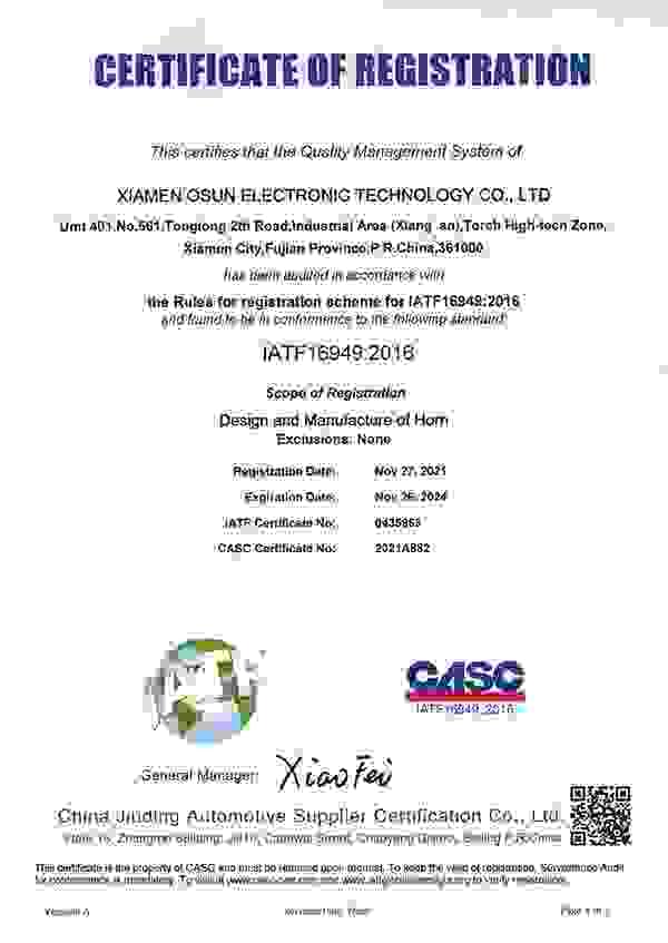 We leverage cutting-edge European technologies to continuously innovate and improve our automotive components. Advanced R&D Capabilities Our Expertise Xiamen Osun Electronic Technology Co., Ltd., founded in 2007, is a manufacturer dedicated to the R&D, production and sales of automotive components such as car horns and interference-free wipers. We adopt advanced European technologies and standards, have strong R&D capabilities and a professional service team, and hold IATF16949 and E-mark certifications to meet customer needs. For more than a decade Osun has focused on one thing: perfecting horns and wipers.