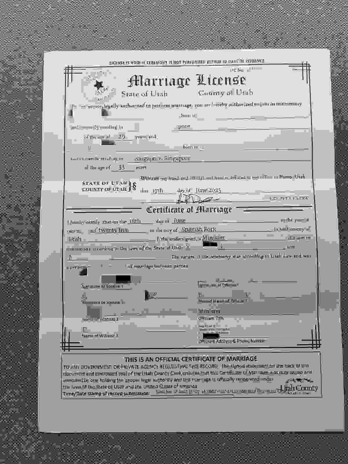 美国犹他州在线结婚结婚证照片样本