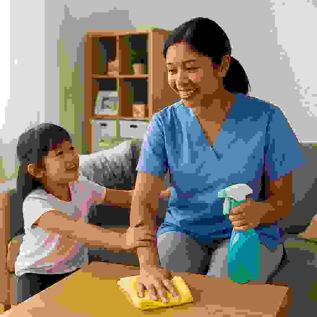 印尼外籍幫傭與小孩互動並打掃客廳