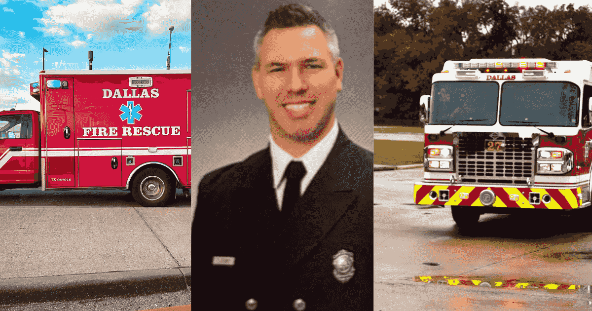 Promotional image for Dallas Founder Lions Club event with firefighter Michael Lamm, highlighting Dallas emergency response and community mental health support
