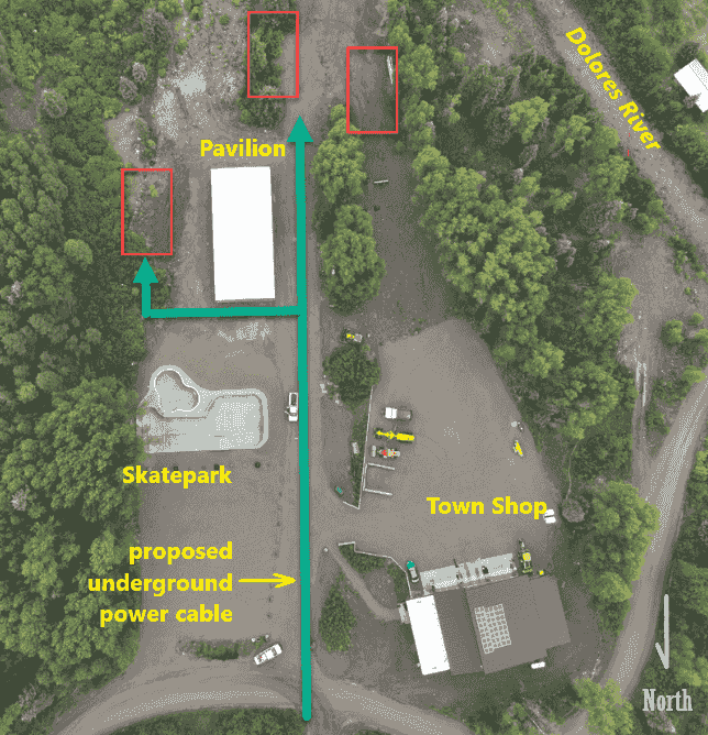 Aerial photo of Rico CO Town Shop, skatepark and pavilion