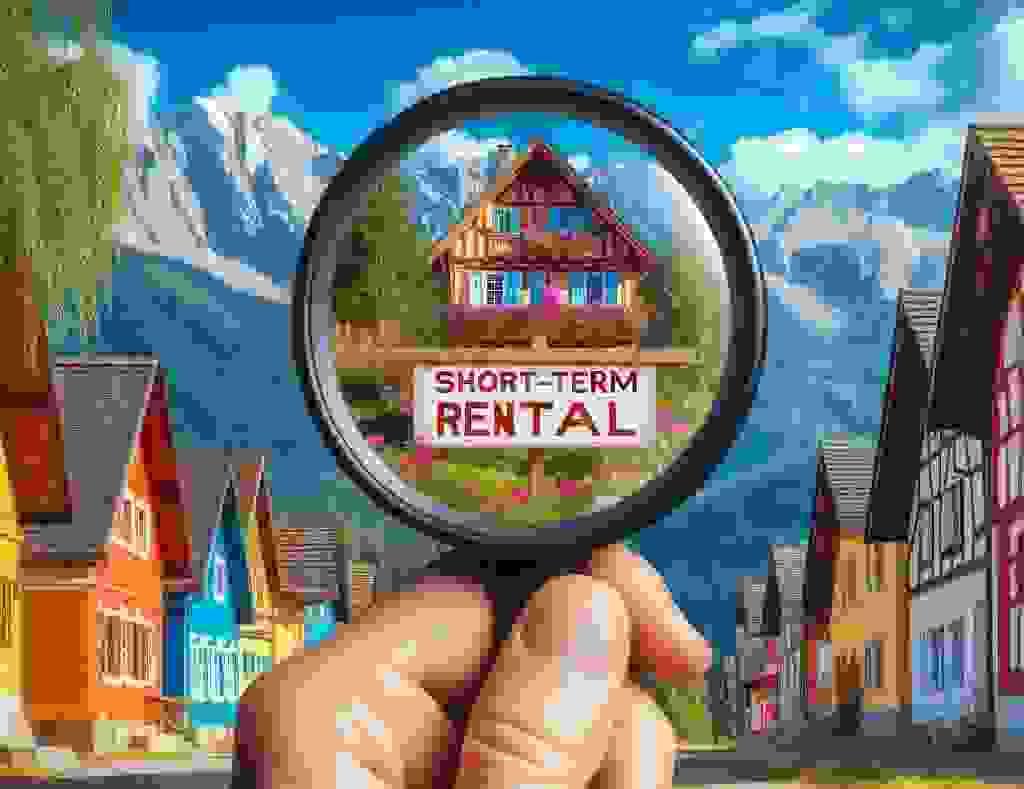Mountain town and Short Term Rental sign magnifying glass.