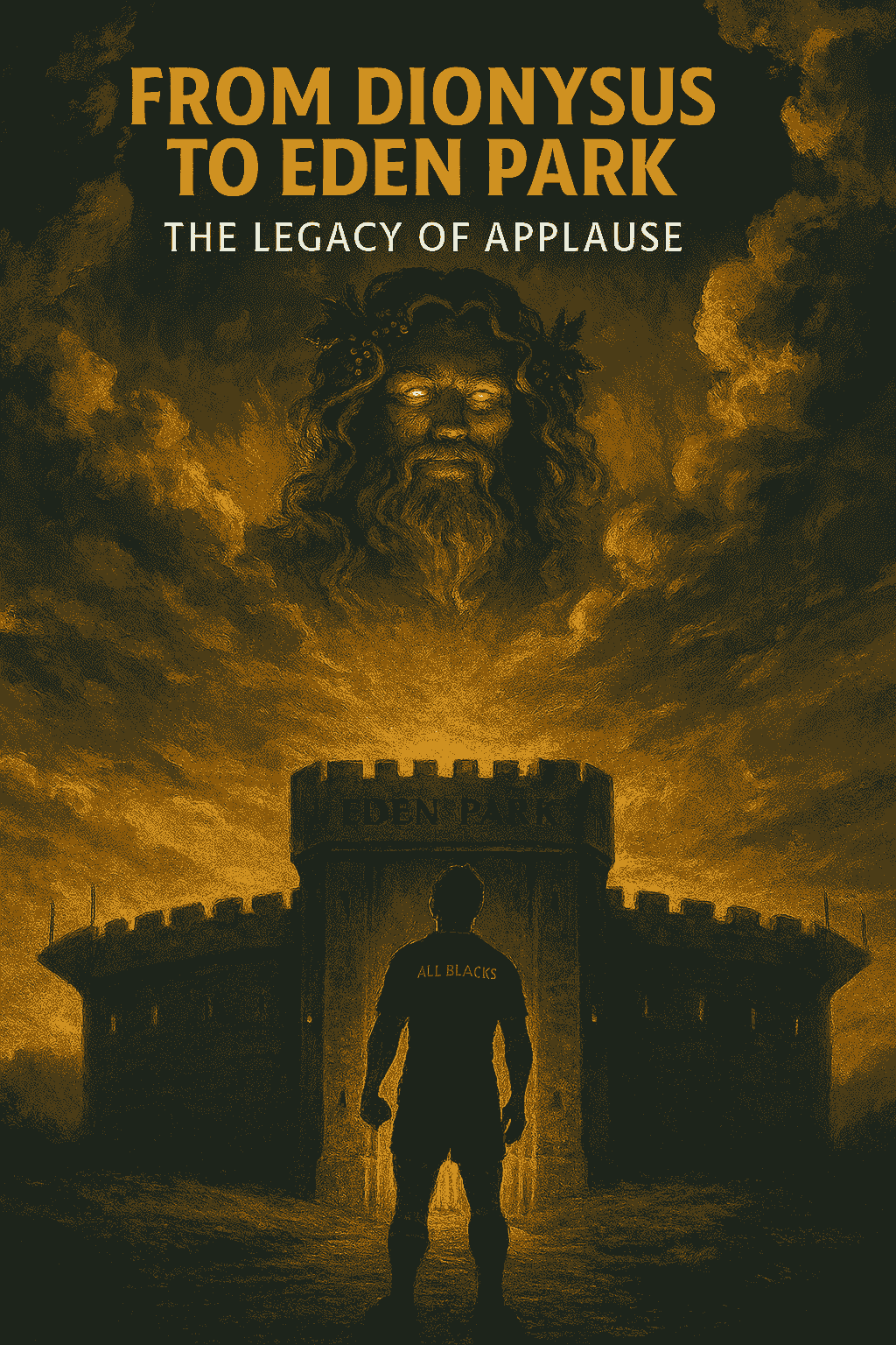 Illustration of Eden Park depicted as a stone fortress under a dramatic twilight sky. A silhouetted All Black rugby player stands at the gate, facing the fortress with hands on hips. Above the stadium, the mythic figure of Dionysus appears in the clouds—crowned with ivy and grapes, glowing eyes, and a theatrical smile. The scene blends sports legacy and ancient mythology, symbolizing Eden Park’s nickname as a fortress and the evolution from crowd booing to respectful sportsmanship. Text reads “From Dionysus to Eden Park: The Legacy of Applause.
