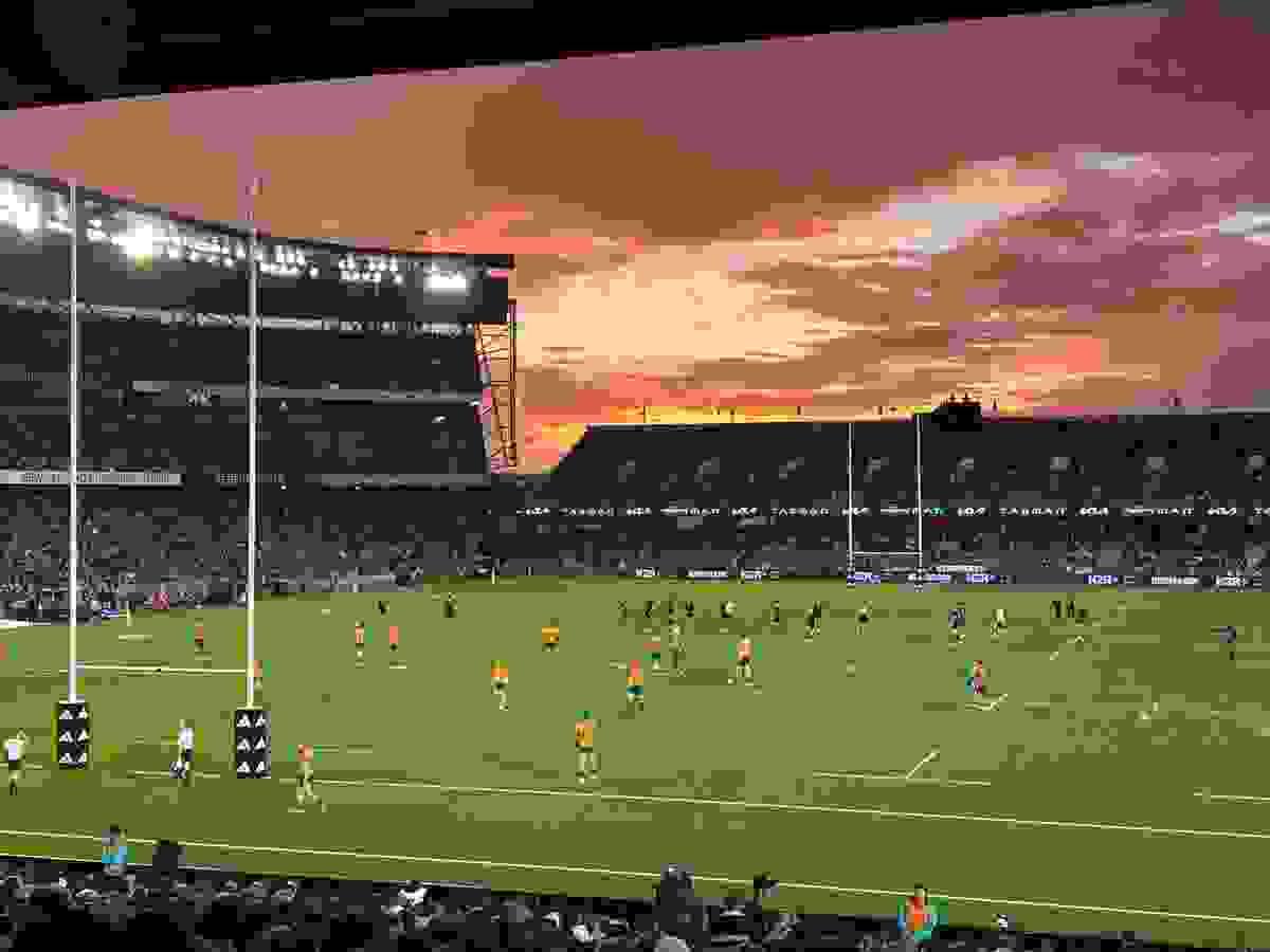 Picture of Eden Park at Sunset with All Blacks and Wallabies on the field