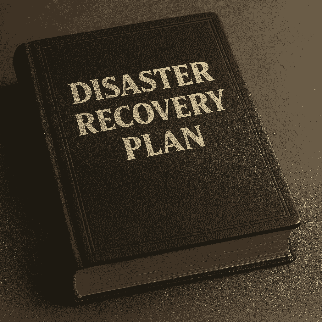 A leatherbound book with the title Disaster Recovery Plan sits on a dusty table