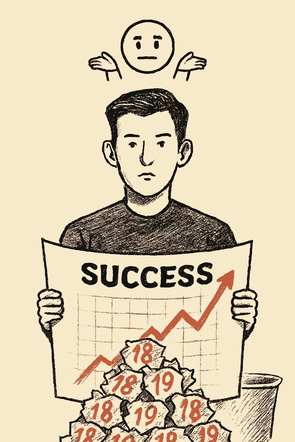 A black and white sketch style illustration that shows young people marked as 18 & 19 as pieces of paper screwed up on the floor a young male holds a success graph but it is not visible to him.