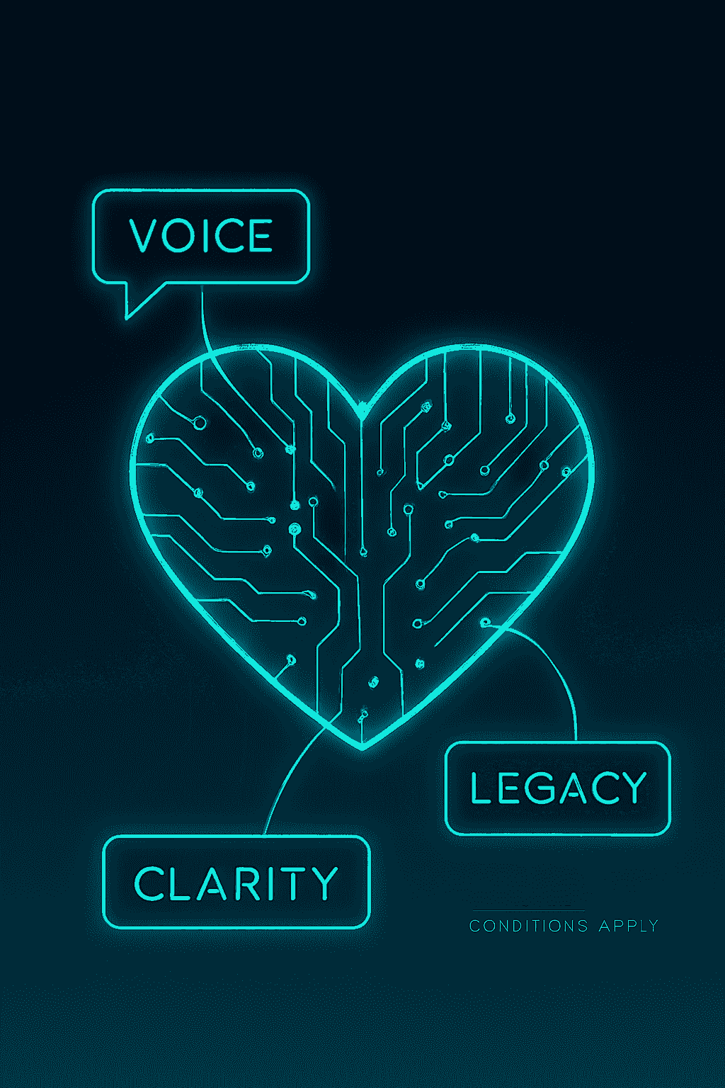 glowing heart shaped circuit board with Clarity, Legacy & Voice linked in and Conditions Apply in faded text