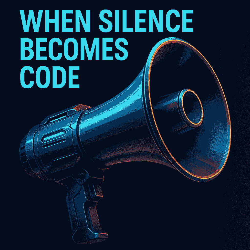 Futuristic metallic megaphone glows against a dark background, with bold cyan text reading “When Silence Becomes Code.” Symbolizes amplified truth and refusal to flatten whistleblower voices. Visual motif of sound as infrastructure.