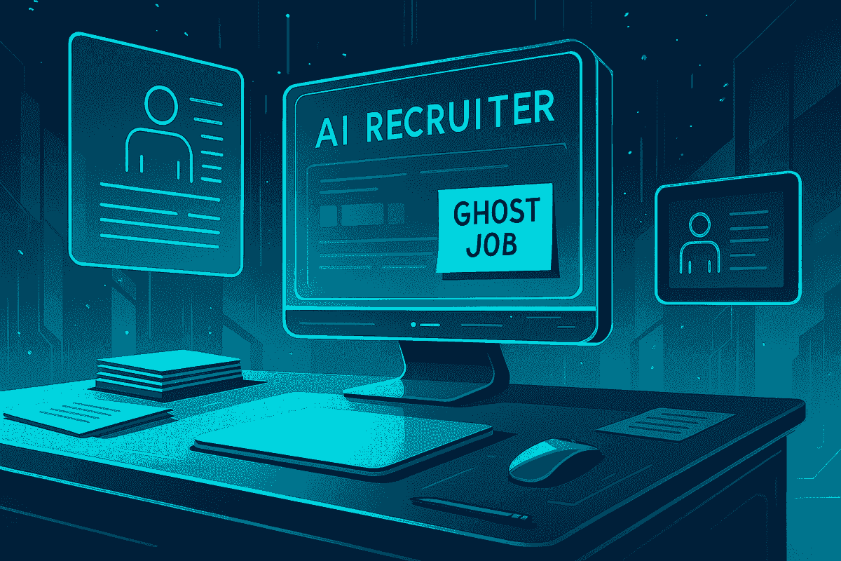 Futuristic recruiter desk with glowing holographic screens labeled “AI RECRUITER” and “GHOST JOB.” No human present. Stacks of untouched résumés sit beside a sleek laptop and pencil. Screens display stylized candidate icons and digital filters. The scene is rendered in cool blue tones with neon teal highlights, evoking an automated hiring environment devoid of human connection.