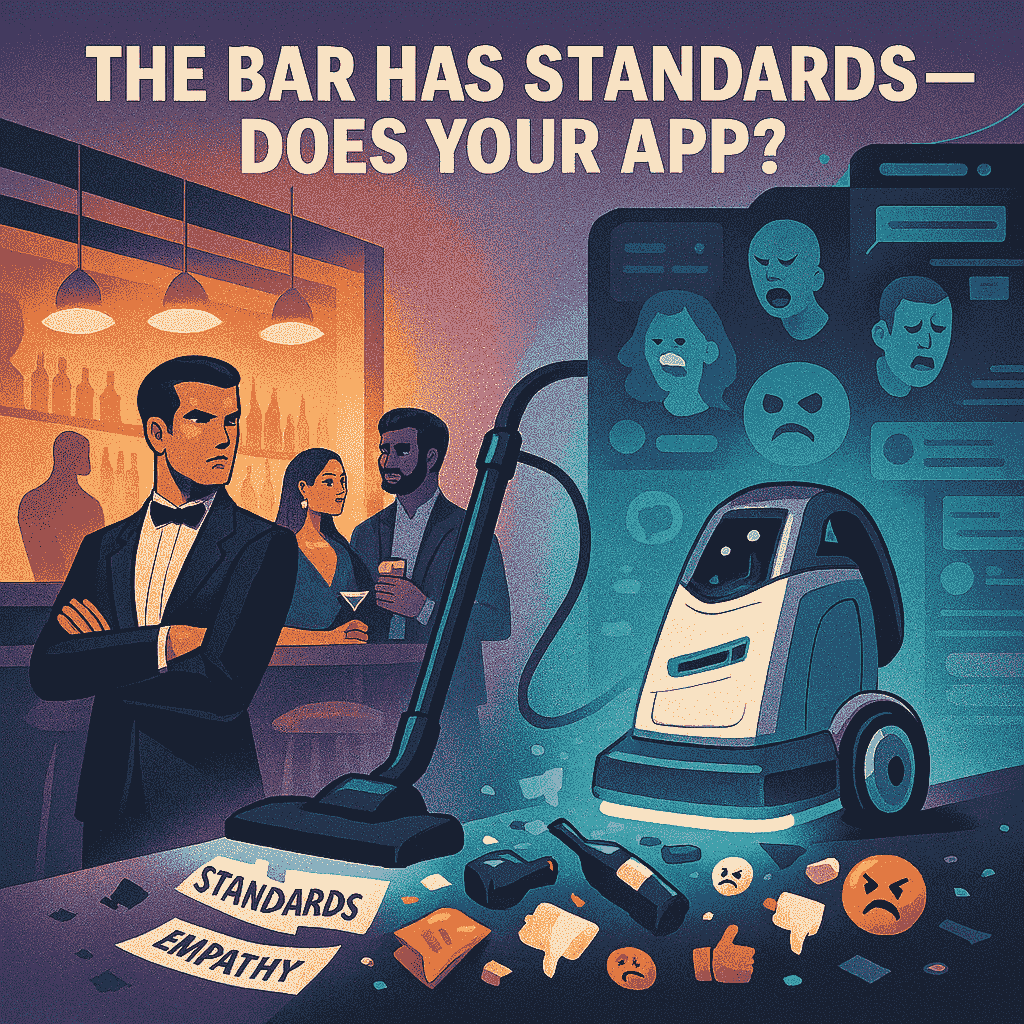 A stylized digital illustration contrasts two environments under the title “The Bar Has Standards—Does Your App?” in bold white text. On the left, a warm-toned upscale bar features three well-dressed individuals: a man in a tuxedo stands with arms crossed, a woman in a blue gown holds a martini, and a man in a dark suit sips a drink. The bar is softly lit with golden pendant lights and stocked shelves. On the right, a futuristic vacuum cleaner glows teal as it sucks up digital trash—emojis, crumpled papers, wine bottles, and thumbs-down icons—from a dark, glitchy app interface. Ghostly blue avatars float above, shouting or grimacing. The vacuum’s hose connects the two scenes, symbolizing the removal of civic standards from digital platforms.