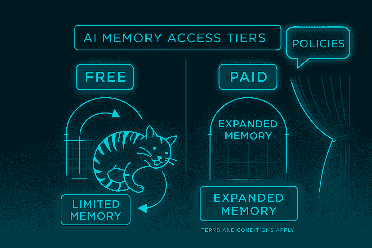 Stylized infographic titled “AI MEMORY ACCESS TIERS,” comparing two levels of AI memory: “FREE” and “PAID.” Left side (“FREE”): A curled-up cat enclosed in circular arrows, labeled “LIMITED MEMORY,” symbolizing restricted memory access and cyclical limitations. Right side (“PAID”): A curtain pulled back reveals expanded memory labeled twice as “EXPANDED MEMORY,” with a speech bubble reading “POLICIES” and fine print stating “TERMS AND CONDITIONS APPLY.” The layout suggests enhanced capabilities gated by subscription and policy constraints.