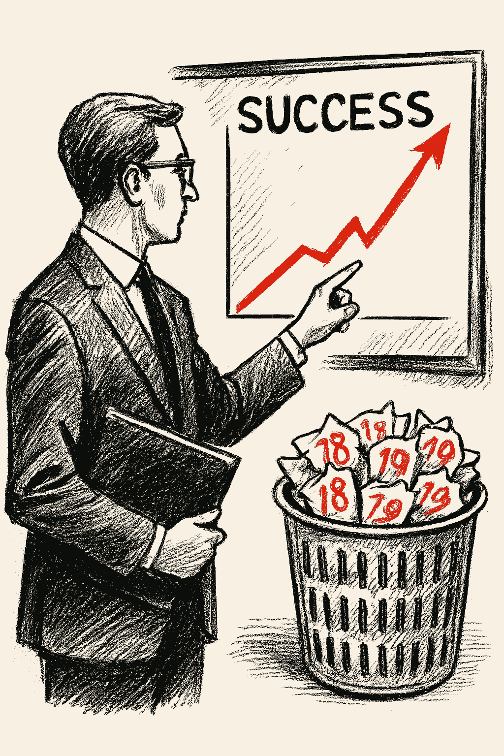 A black and white sketch style illustration shows a businessman in a suit pointing proudly at a red upward sloping line labelled success on a presentation chart. He holds a portfolio under one arm and faces away from the overcrowded trash bin beside him. The bin is filled with crumpled paper balls each marked 18 or 19 in red symbolising disguarded youth.