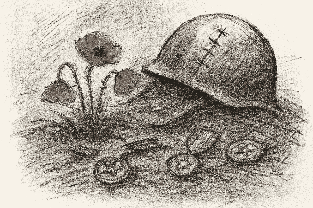 Expressive sketch-style illustration in black and white. A cracked military helmet lies on rough ground, stitched with thick lines. Around it, three red poppies with drooping petals and thin stems stand out in color. Scattered military medals lie nearby, rendered in grayscale. The background is textured with charcoal strokes and debris. The image evokes grief, remembrance, and the cost of war.
