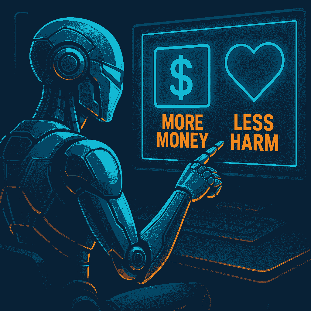 Robot at a desk points to a screen labeled “More Money” with a dollar sign, ignoring a second screen labeled “Less Harm” with a broken heart. Scene highlights ethical tension in AI systems.
