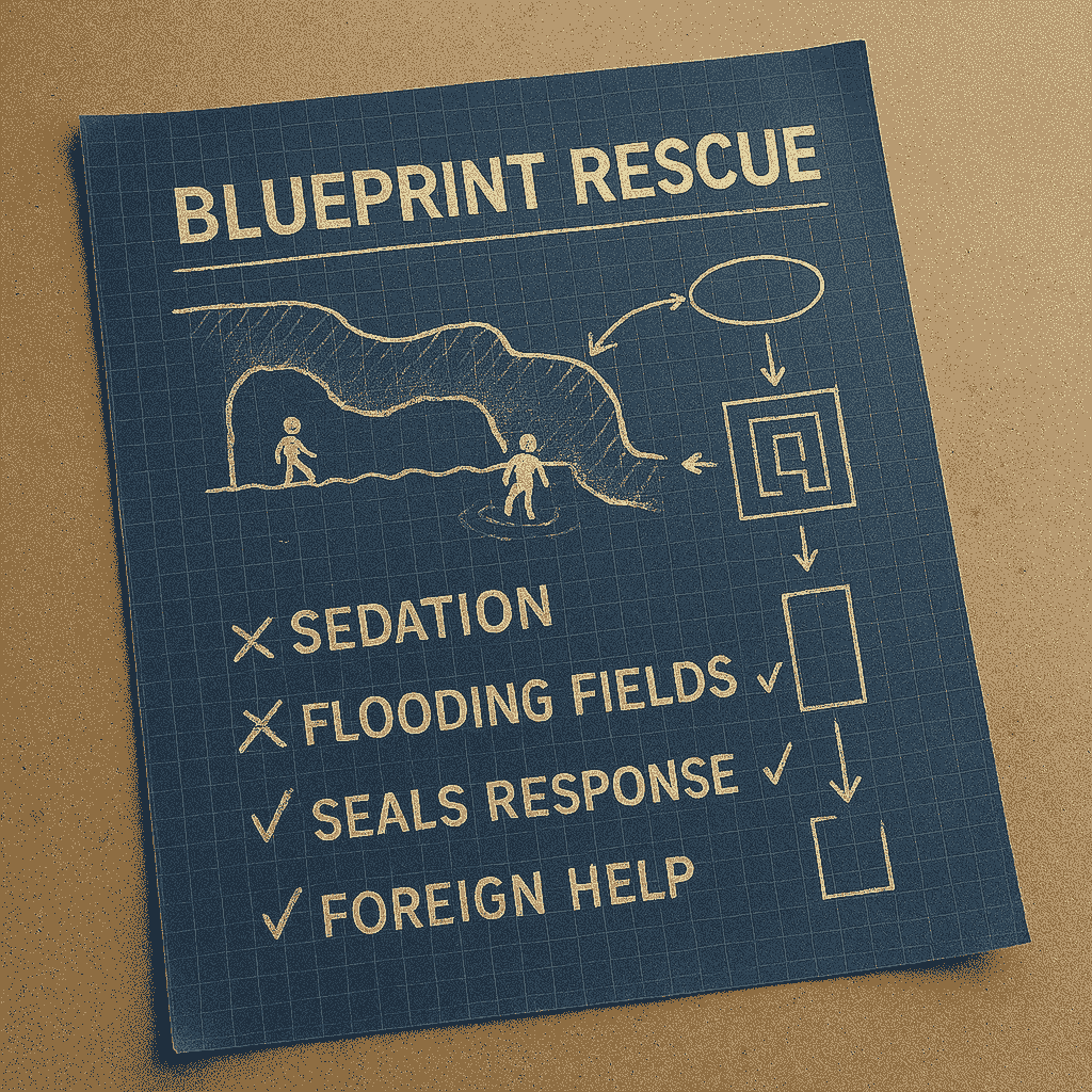 A blueprint-style document titled "BLUEPRINT RESCUE" lies on a beige, textured surface. The paper features white diagrams and handwritten annotations on a blue grid background. A cave rescue diagram shows a winding tunnel with stick figures representing rescuers and trapped individuals. A checklist on the left includes four strategies: "Sedation" and "Flooding the Fields" are crossed out, while "SEALs Response" and "Foreign Help" are ticked. Additional diagrams suggest tactical planning and exit routes. The image symbolizes adaptive decision-making during the Thai cave rescue.