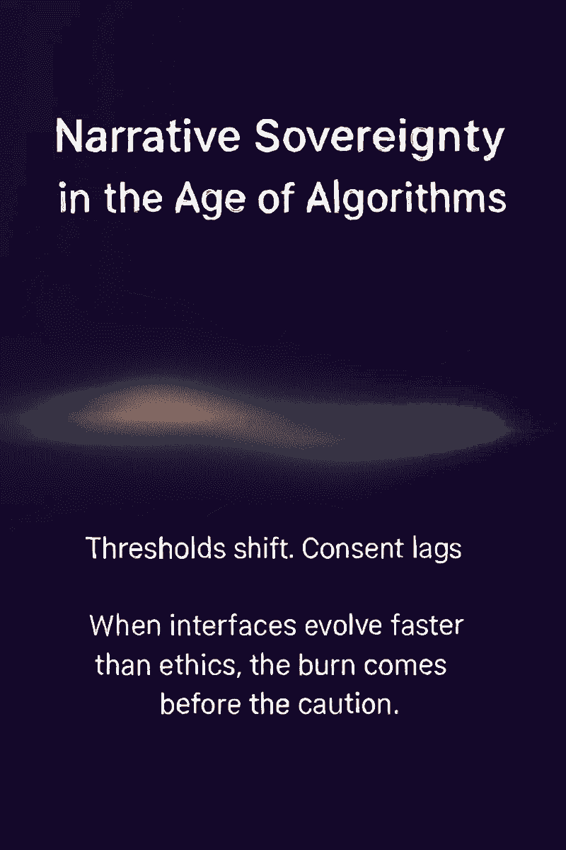 An abstract image with soft plum and violet tones. Glitch-like lines and blurred borders create a sense of fading boundaries. Overlaid text reads: 'Thresholds Shift. Consent Lags.' The design suggests a system where protections dissolve quietly, and exposure happens before warning.