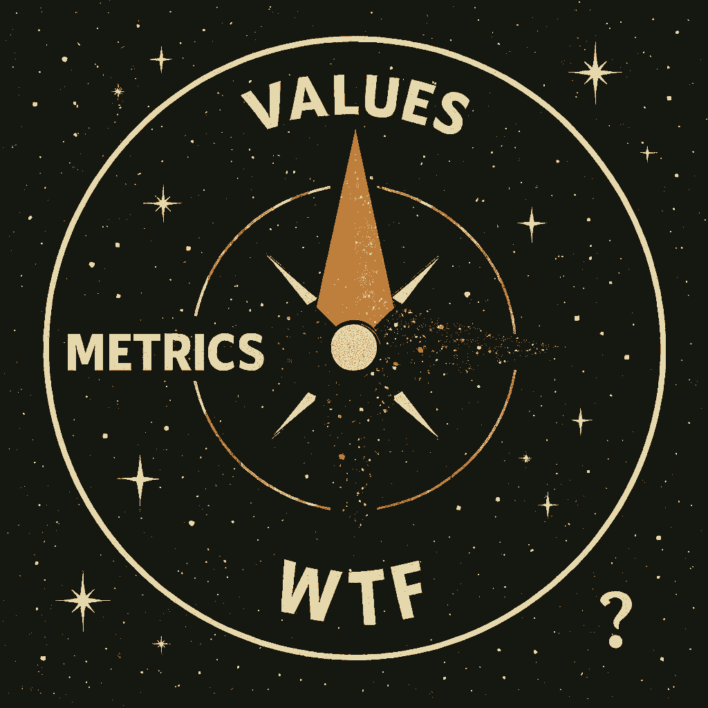 A cosmic compass with four labeled directions: VALUES, METRICS, VIBES, and WTF, set against a starry black background with a galaxy-patterned needle.