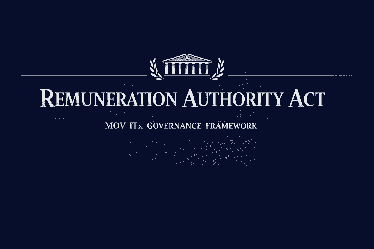 Remuneration Authority Act header: Navy blue banner with silver serif title “Remuneration Authority Act,” classical building emblem, and MOV ITx Governance Framework subtitle. Remuneration Authority Act header: Navy blue banner with silver serif title “Remuneration Authority Act,” classical building emblem, and MOV ITx Governance Framework subtitle.