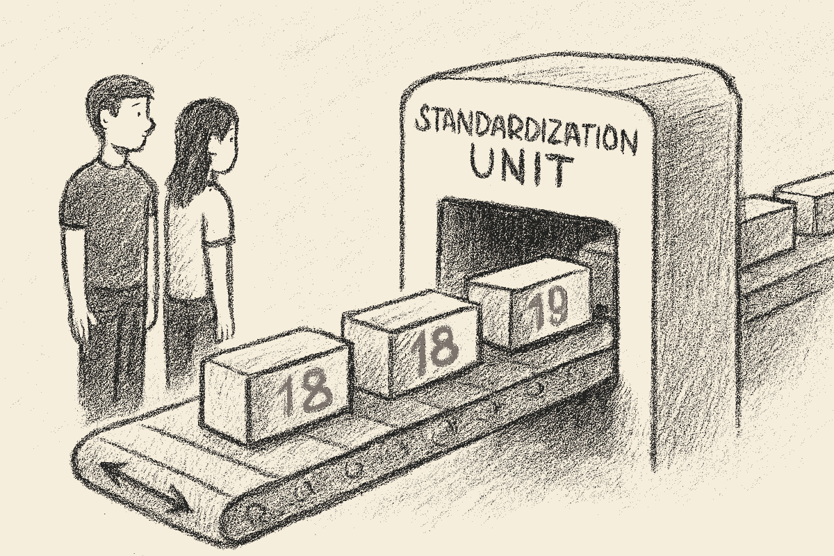 A sketch-style illustration shows a conveyor belt feeding young people into a large machine labeled STANDARDIZATION UNIT. On the left, two young individuals stand on the belt, facing the machine. On the right, the machine outputs identical bricks stamped with red numbers 18 and 19. The image exposes how institutional systems flatten individuality, rerouting youth through standardization and erasing nuance in the name of compliance.