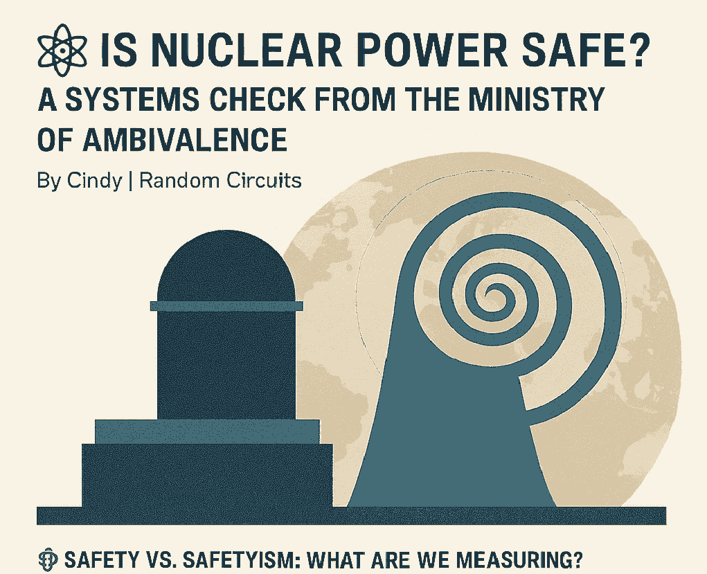 Graphic titled “Is Nuclear Power Safe? A Systems Check from the Ministry of Ambivalence” by Cindy, Random Circuits. Subtitle reads “Safety vs. Safetyism: What Are We Measuring?” Includes illustration of a nuclear plant and spiral motif suggesting systemic complexity.