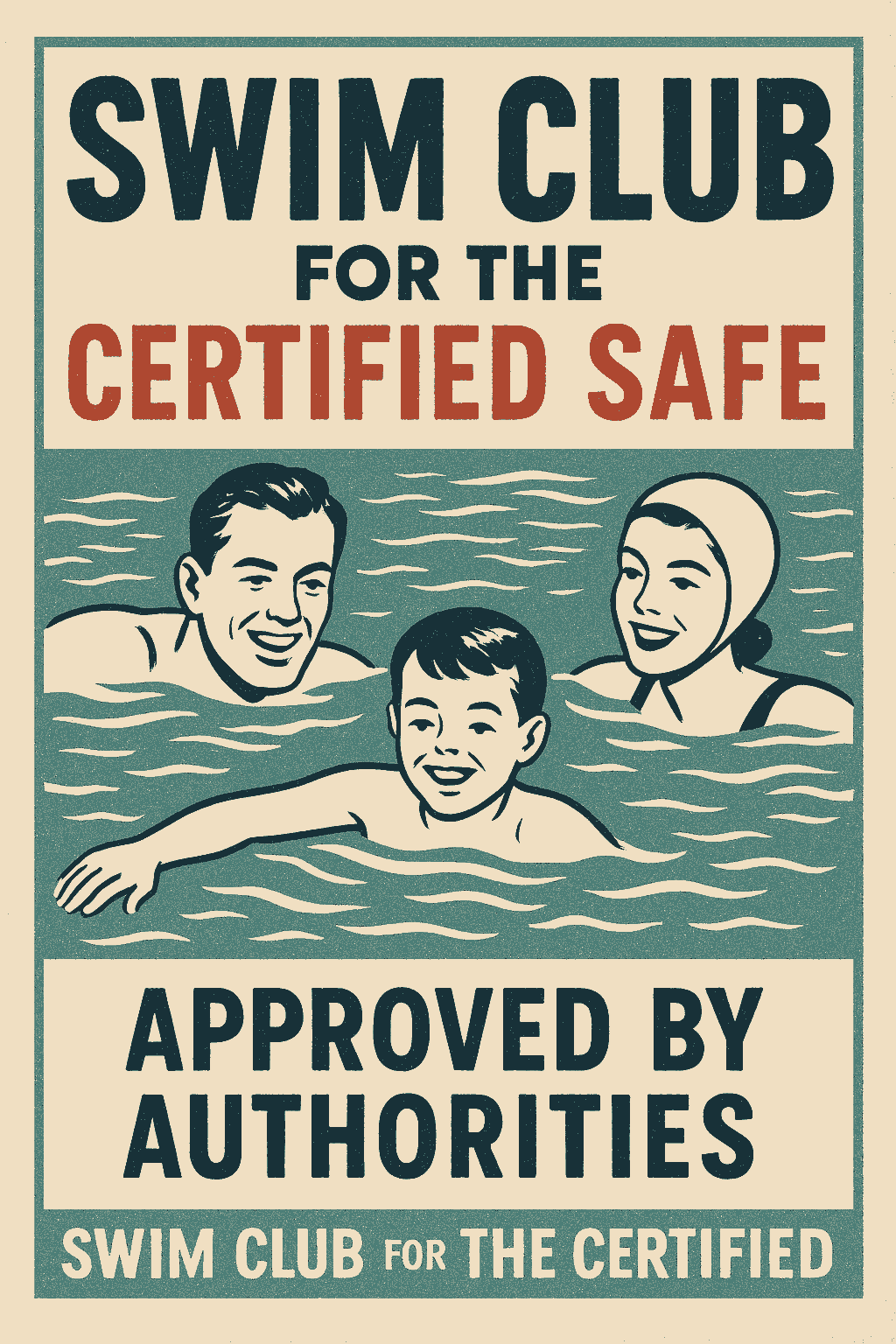 Poster reads “Swim Club for the Certified Safe — Approved by Authorities.” Three swimmers float in stylized water, evoking themes of sanctioned safety and performative legitimacy.