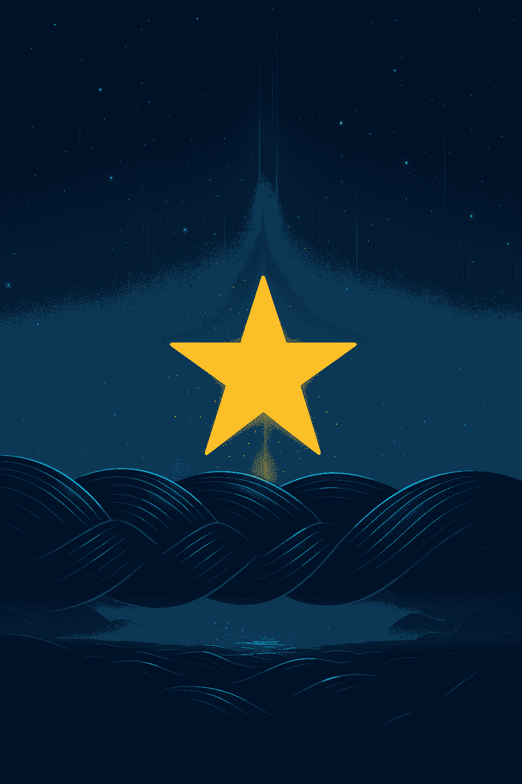 A glowing star floats above a calm sea, tethered by a soft, spiraling braid that descends into the water. The scene evokes connection, guidance, and emotional continuity, blending celestial metaphor with the fluidity of oceanic resilience. The braid serves as both anchor and conduit, hinting at systems of care that extend across environments.