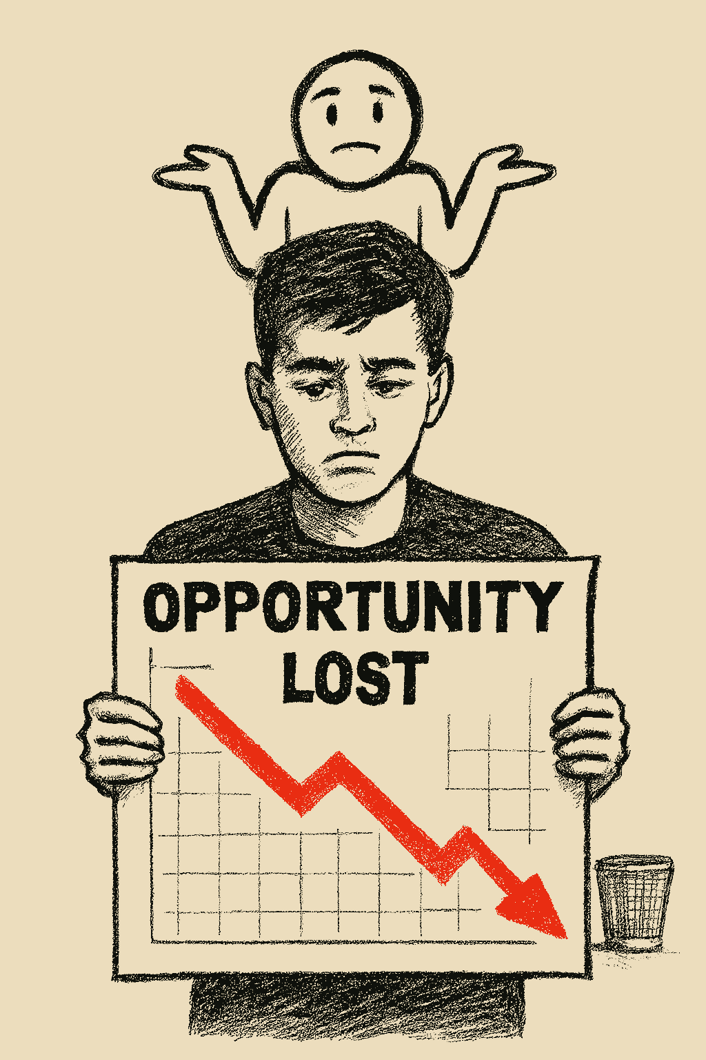 Black and white sketch of a young male holding a opportunity lost graph with a red arrow pointing towards a trash bin