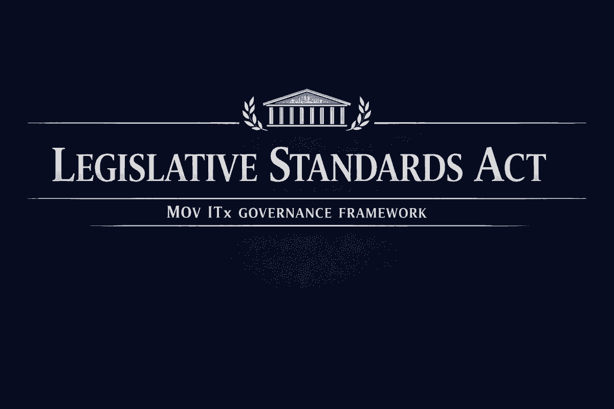 Legislative Standards Act header: Navy blue banner with silver serif title “Legislative Standards Act,” classical building emblem, and MOV ITx Governance Framework subtitle. Legislative Standards Act header: Navy blue banner with silver serif title “Legislative Standards Act,” classical building emblem, and MOV ITx Governance Framework subtitle.