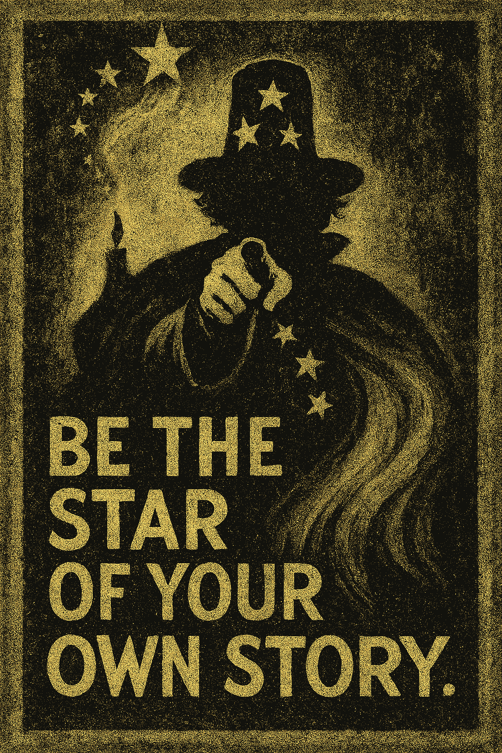 Vintage-style poster in black and gold. A silhouetted magician points directly at the viewer, wearing a wide-brimmed hat adorned with glowing stars. His cloak swirls dramatically, trailing golden stars across the image. The background is textured and aged, with a candle flame glowing near his shoulder. Bold cream-colored text at the bottom reads: “BE THE STAR OF YOUR OWN STORY.” The image evokes legacy, invitation, and quiet power.