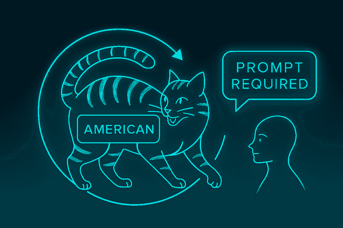 Minimalist neon illustration on a dark background. A glowing blue cat labeled “AMERICAN” is enclosed in a circular arrow, suggesting a feedback loop. A nearby human figure faces the cat, with a speech bubble that reads “PROMPT REQUIRED.” The image metaphorically represents human-AI interaction and the cyclical nature of prompt-driven systems.