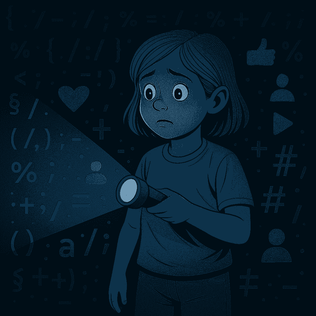 A child stands inside a digital cave, holding a flashlight. Around them float seemingly harmless symbols—thumbs up, share icons, emojis—bathed in soft, inviting light. The cave walls are textured with faint lines of code, suggesting an algorithmic landscape. The child’s expression is curious, yet alert.