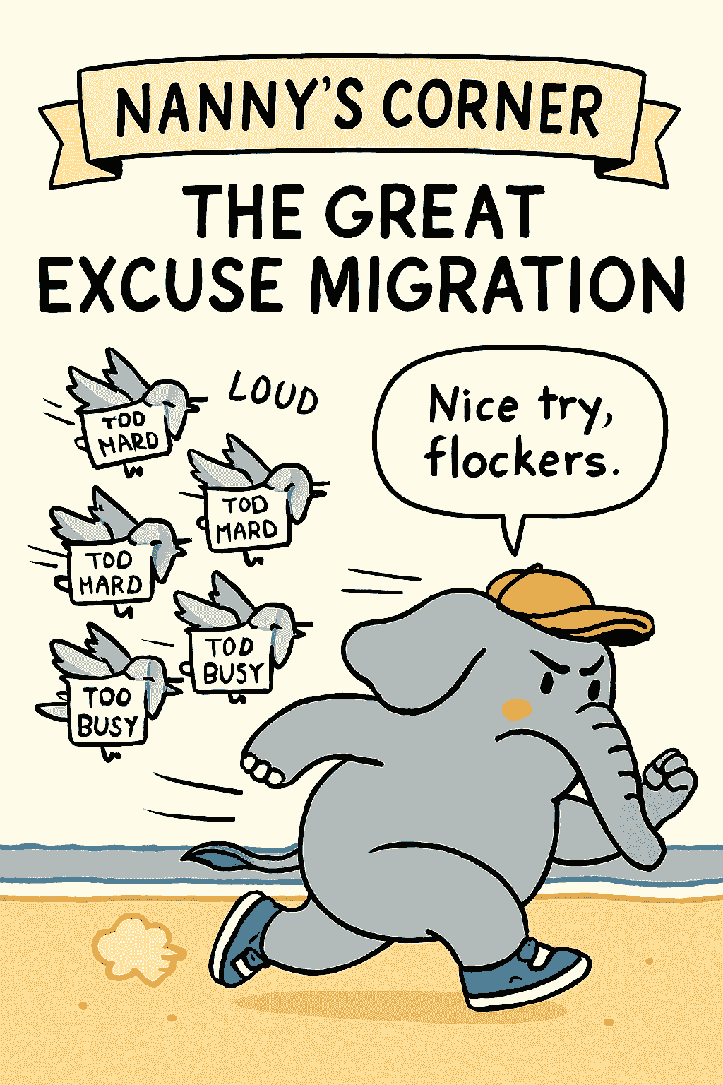 An elephant charges through a flock of excuse birds labeled ‘Too tired’, ‘Too late’, ‘Too hard’. Speech bubble reads ‘Nice try, flockers.’ Motif: resistance meets trauma-informed momentum.
