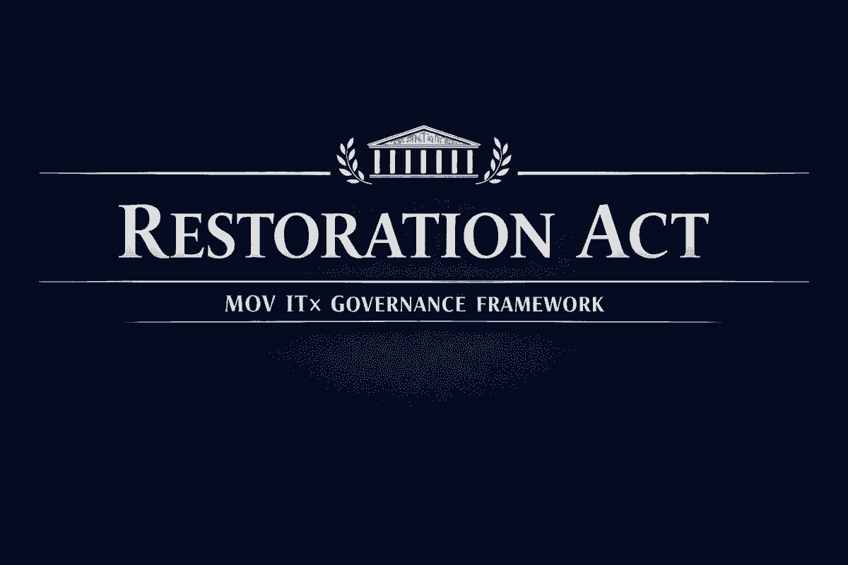 Restoration Act header: Navy blue banner with silver serif title “Restoration Act,” classical building emblem, and MOV ITx Governance Framework subtitle. Restoration Act header: Navy blue banner with silver serif title “Restoration Act,” classical building emblem, and MOV ITx Governance Framework subtitle.