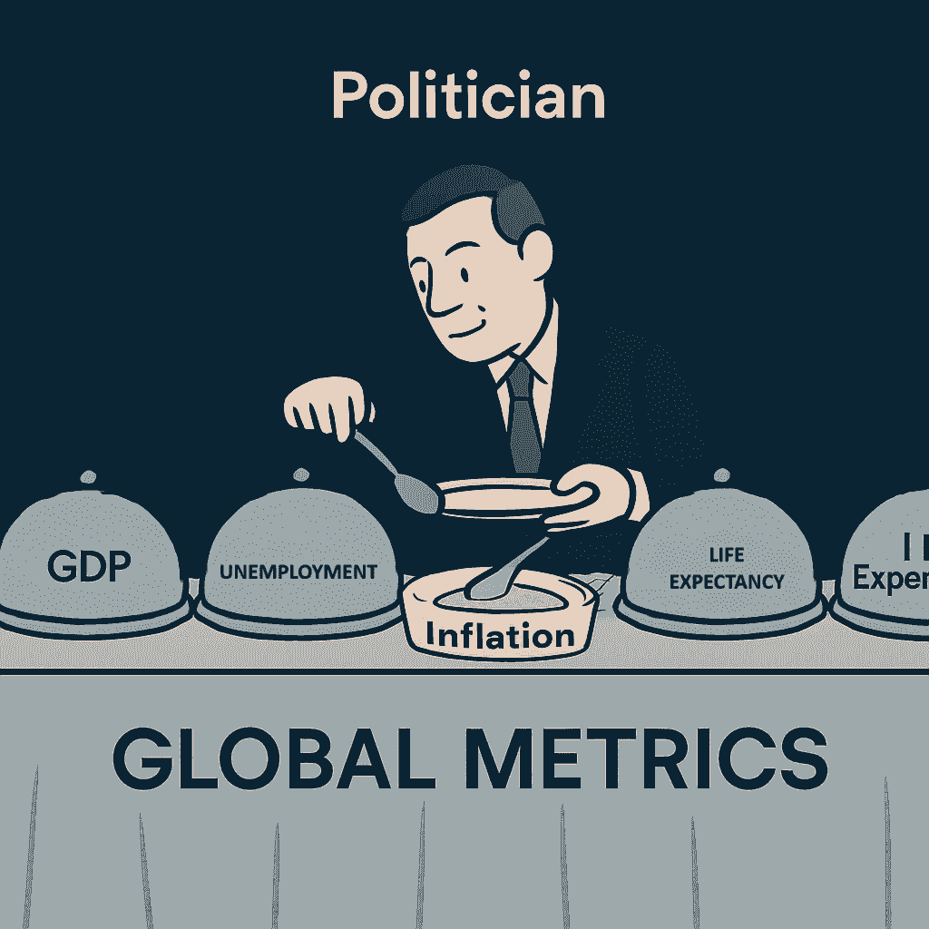 A cartoon-style illustration shows a politician at a buffet table labeled “Global Metrics,” selecting only the “Inflation” dish while ignoring others like “GDP,” “Unemployment,” and “Life Expectancy.” The tablecloth reads “GLOBAL METRICS” in bold letters. The image satirizes how politicians cherry-pick international data to support their narratives.