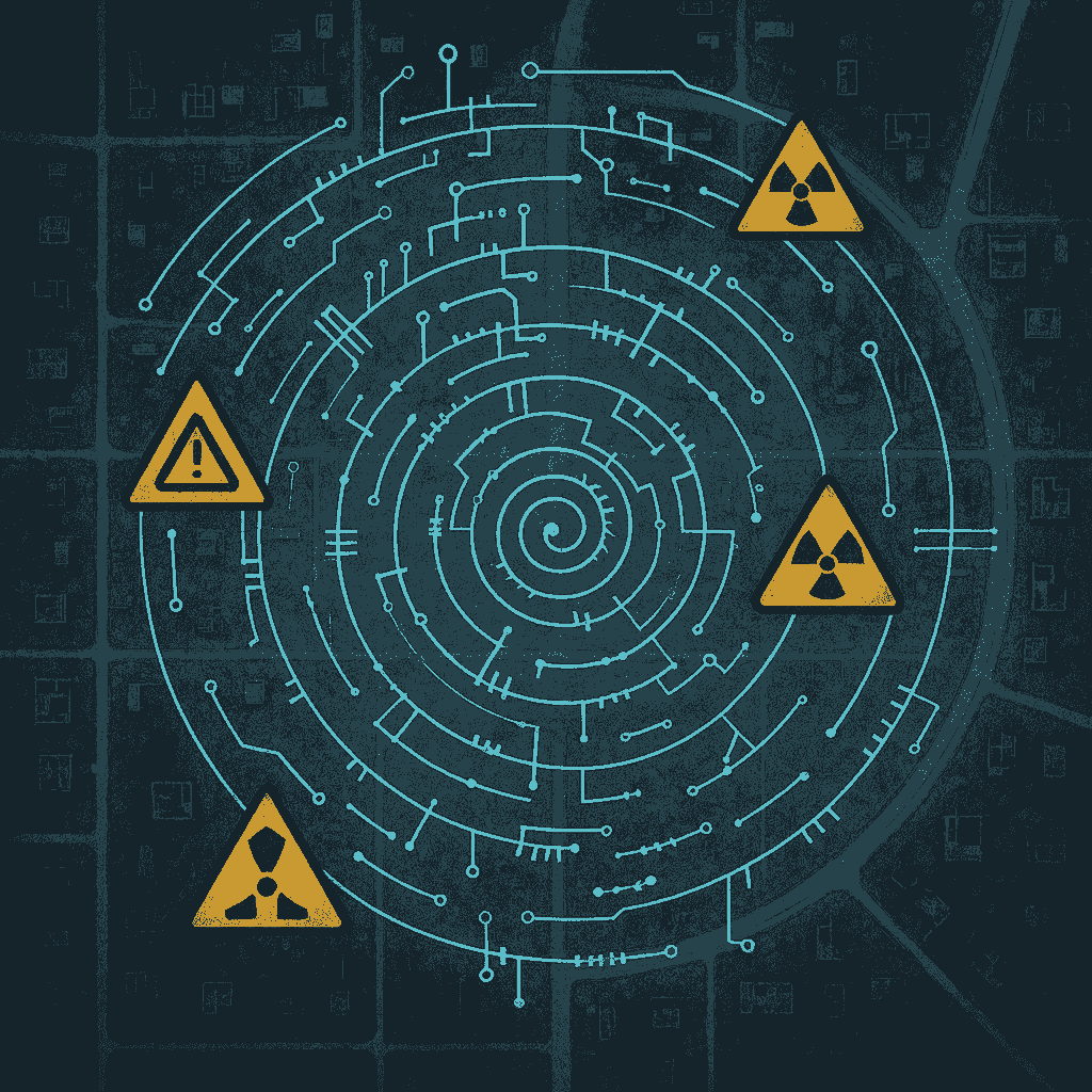 Spiral blueprint overlaid on a ghost town grid; grief lines trace evacuation routes while hazard icons flicker like false beacons. A visual reckoning with safety myths and the cost of silence.