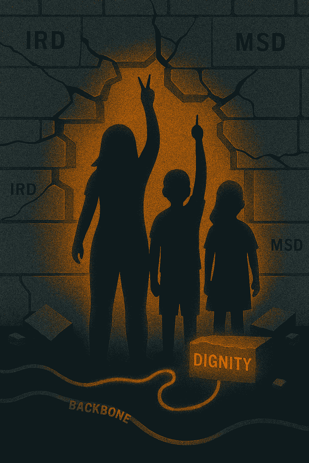 A glowing silhouette of a woman stands between two children, all three raising their hands in a V-for-victory sign. They face a cracked concrete block wall etched with institutional labels like “IRD,” “MSD,” and “Bank Policy.” A broken block on the ground glows with the word “DIGNITY.” A wire labeled “BACKBONE” runs beneath their feet through the rubble, symbolizing strength and clarity. Warm orange tones contrast with the dark blue and gray background, highlighting resilience against systemic pressure.